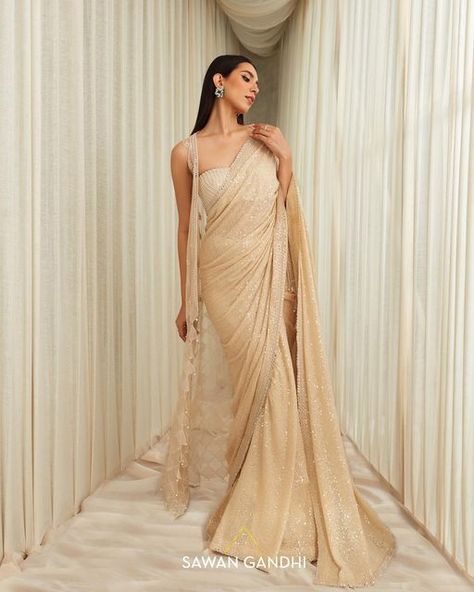 Champagne Saree, Saree Cape, Sawan Gandhi, Cocktail Sarees, Draped Sarees, Cocktail Saree, Beige Saree, Sequins Saree, Sheer Cape