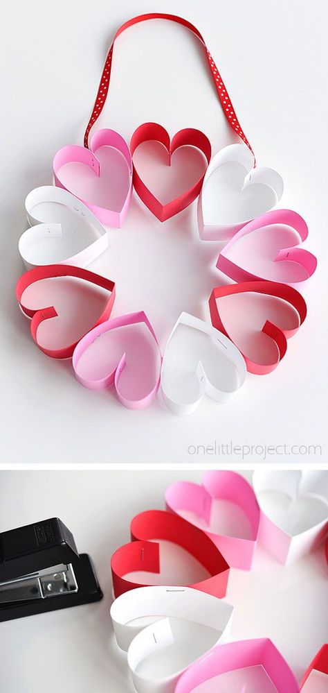 This stapled paper heart wreath is such a fun and EASY Valentine's Day craft to make with the kids! Seriously, who would have thought that making paper hearts would be so easy!? It's a great little wreath to hang on a bedroom door (or school classroom door?) and it makes a super cute and simple Valentine's decoration! Valentine Paper Crafts, February Crafts, Easy Valentine Crafts, Diy Valentine's Day Decorations, Valentine's Day Crafts For Kids, Preschool Valentines, Diy Valentines Decorations, Valentine Crafts For Kids, Diy Valentine