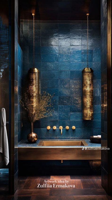 Blue Bathroom With Black Fixtures, Dark Blue Toilet, Black Bathroom Aesthetic, Dark Bathroom Decor, Victorian Bathroom Ideas, Bathroom Ideas Victorian, Moody Bathroom Ideas, Bathroom Decor Dark, Bathroom Ideas Dark