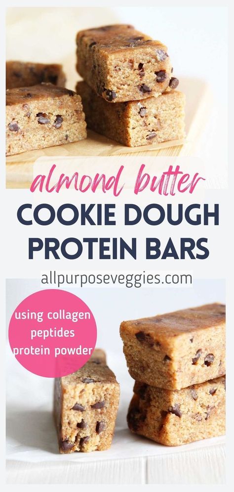 It’s so easy to reach for that candy bar or bag of chips when you’re tired, stressed, or worse – hangry. That’s why I try to have something healthy and satisfying on-hand that I can eat when that craving creeps in. Here’s one recipe that's quick and easy to make, it’s these lovely Homemade Almond Butter Chocolate Chip Cookie Dough Collagen Protein Bars. Nutty, chewy, thick and chocolatey with a texture kind of like a cross between a cookie dough and blondie #proteinbars #collagenpeptides Collagen Powder Recipes, Collagen Protein Bars, Almond Butter Chocolate, Keto Treats, Protein Bars Homemade, Almond Butter Cookies, Bag Of Chips, Low Carb Flour, Protein Bar Recipes