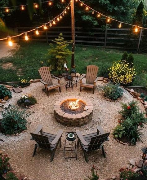 Pebble Stone Fire Pit Area, Lighting For Fire Pit Area, Arbor Fire Pit, Yard Projects Diy Backyard Ideas, Fire Pit With Deck Around It, Garden Design Gravel, Simple Gravel Patio, Fire Pit Yard Ideas, Fire Pit Ideas Backyard Sloped Yard