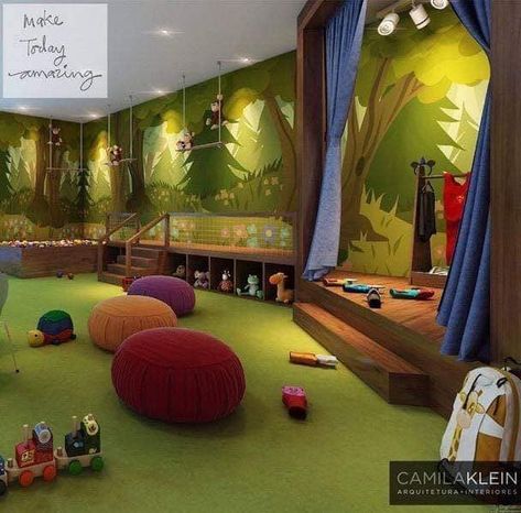 Forest Kids Playroom, Preschool Indoor Playground, After School Center Design, Playroom Stage Ideas, Playground Indoor Design, Forest Theme Playroom, Kids Stage In Playroom, Kids Playground Indoor, Preschool Design Interior