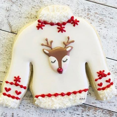 Ugly Christmas Sweater Cookies, Iced Christmas Cookies, Sweater Cookies, Ugly Sweater Cookie, Elf Cookies, Royal Icing Transfers, Reindeer Head, Winter Cookie, Candy Cane Christmas