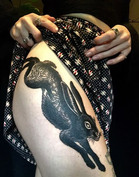 Blackwork Cover Up Tattoo Ideas, Jackrabbit Tattoo, Long Tattoo Ideas, Space Filler Tattoo, Watership Down Tattoo, Jackalope Tattoo, Hare Tattoo, Lower Stomach Tattoos, Rabbit Tattoo