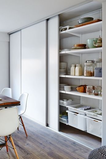 Pantry Sliding Door, Modular Pantry, Elfa Shelving, Garage Organisation, Pantry Shelving, Shelving Solutions, Under Sink Storage, Pantry Shelf, Kitchen Storage Solutions