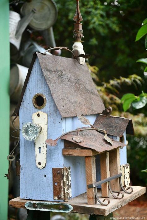 Adding some vintage charm to this birdhouse has been on my ‘to do’ list since I brought it home several years ago.  It was in need of a little love as the tin roof had come untacked and it lacked general curb appeal! I collected rusty pieces of bits and bobs . . . hinges, door knobs, finials, keys, etc., picked up for a few dollars or in small odd lots for $5 a bag from flea markets and antique malls, with this project in mind hoping to add a little vintage charm and curb appe… Bird Hotel, Painted Rock Cactus, Add Curb Appeal, Porch Curtains, Birdhouses Rustic, My To Do List, Rustic Birdhouse, Mosaic Flower Pots, Stone Fire Pit