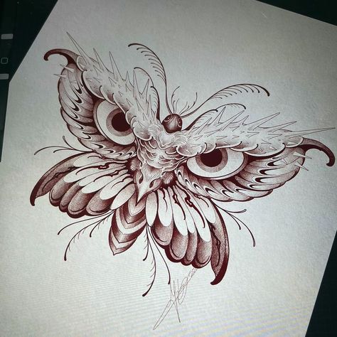 Butterfly With Feather Wings Tattoo, Mandela Owl Tattoo Design, Owl Woman Tattoo, Butterfly Owl Tattoo, Owl Hand Tattoo For Women, Owl Leg Tattoos For Women, Owl Moth Tattoo, Small Owl Tattoos For Women Simple, Owl Butterfly Tattoo