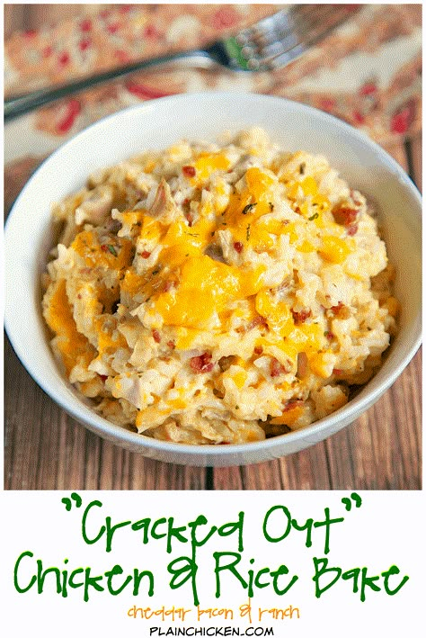 Cracked Out Chicken And Rice, Cracked Out Chicken, Easy Weeknight Casseroles, Use Rotisserie Chicken, Weeknight Casseroles, Chicken Cheddar, Cracked Out, Rice Bake, Easy Dinner Recipes Crockpot