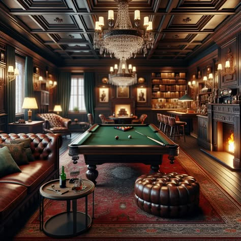 This elegant man cave is a luxurious haven, fitted with a classic pool table, well-stocked bar, cozy fireplace and lavish lounge. Vintage accents and ambient lighting enhance its refined charm. #ManCave #LuxuryDesign #HomeBar #PoolTable #VintageDecor #CozyFireplace Classic Billiard Room, Men’s Home Office With Fireplace, Luxury Poker Room, Vintage Pool Table Aesthetic, Billiards Room Decor Vintage, Elegant Man Cave, Man Cave With Pool Table, Gentlemen Room, Luxury Man Cave