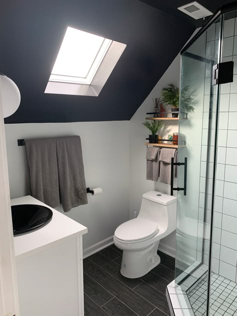 Dream Bathroom | Debo Small Bathroom With Vaulted Ceiling, Small Bathroom Vaulted Ceiling, Small Bathroom With Angled Ceiling, Small Full Bathroom Slanted Ceiling, Small Bathroom Skylight, Loft Shower Room Ideas Sloped Ceiling, Black Ceiling Small Bathroom, Small Bathroom With Sloped Ceiling, Bathrooms With Sloped Ceilings