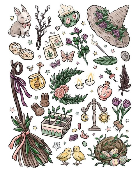 Ostara Illustration, Witchy Easter, Ostara Art, Ostara Aesthetic, Mystical Plants, Goblin Witch, Wicca Aesthetic, Doodle Illustrations, Spring Stickers