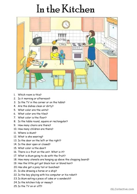 picture description - In the kitchen…: English ESL worksheets pdf & doc Picture Story Writing, Kitchen English, Cambridge Exams, Picture Comprehension, Advance English, Reading Pictures, Fun Worksheets For Kids, 23rd March, English Learning Books