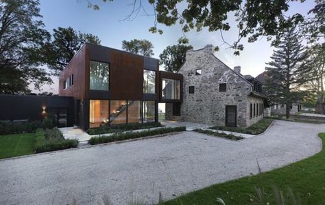 Modern update of historical stone house in Quebec Architecture Extension, Architecture Renovation, Houses Architecture, A Modern House, Stone Farmhouse, Old Stone Houses, Modern Extension, Modern Addition, This Old House