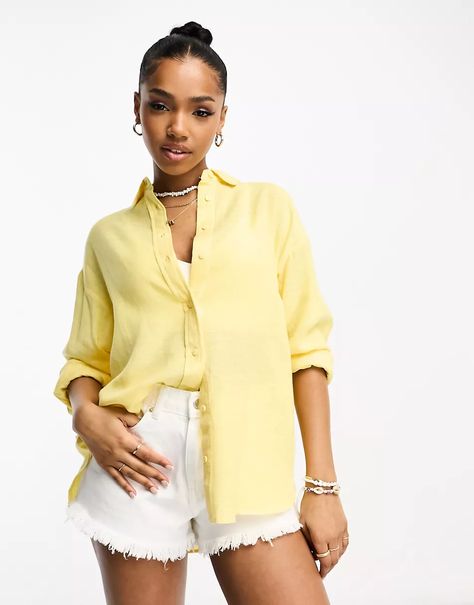 Stradivarius linen look shirt in lemon | ASOS Lemon Shirt, Stop Scrolling, Yellow Shirts, Linen Blouse, Lemon Yellow, Button Placket, Access Denied, Shirts Tops, Topshop