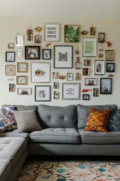 Photo Wall Above Couch, Flight Vision Board, Living Room Photo Wall Ideas, Travel Gallery Wall Ideas, Gallery Wall Ideas Living Room, Gallery Wall Art Ideas, Smart Decor Ideas, Gorgeous Living Room, Travel Gallery Wall