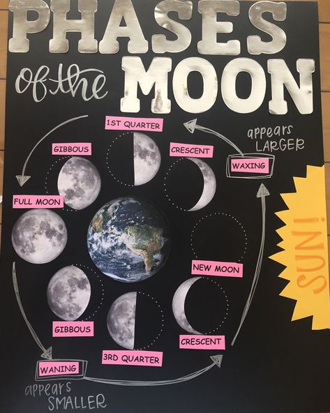 Moon Phase Bulletin Board, Phases Of The Moon Poster, Lunar Day Posters, Moon Day Poster For School, Moon Phases Project Middle School, Moon Day Poster Drawing, Moon Anchor Chart, Moon Day Poster, Phases Of The Moon Project