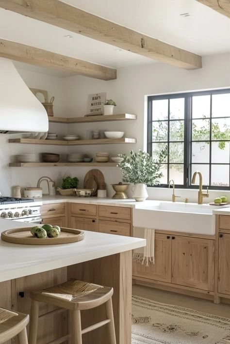 White And Wood Kitchens, Modern Mediterranean Kitchen, Organic Modern Kitchen, Natural Farmhouse, Organic Kitchen, Simple Organic, Kitchen Decor Modern, Scandinavian Kitchen, Modern Farmhouse Kitchens