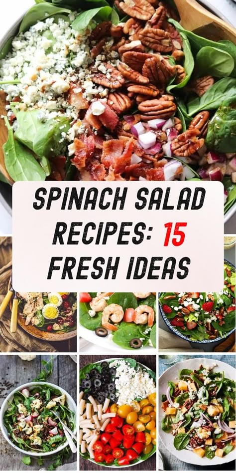 Get creative with these 15 spinach salad recipes, from classic combinations to innovative twists. Perfect for a healthy and delicious meal. Dark Green Salad Recipes, Spinach Mediterranean Salad, Salad Ideas With Spinach, Pioneer Woman Spinach Salad, Spinach And Romaine Salad Recipes, Fresh Garden Salad Recipes, Turkey Spinach Salad, Recipes For Fresh Spinach, Fresh Spinach Recipes Salad