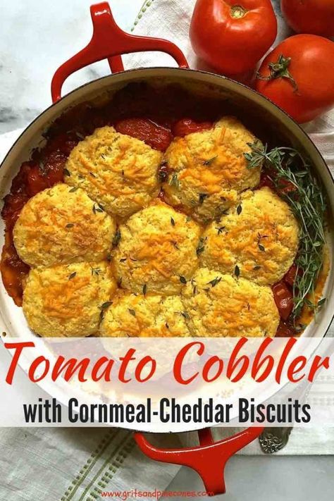 Recipes That Use Cornmeal, Recipes For Tomatoes From Garden, Running Breakfast, Tomato Cobbler, Cornmeal Biscuits, Tomato Dishes, Fresh Tomato Recipes, Cooking Tomatoes, Cheddar Biscuits