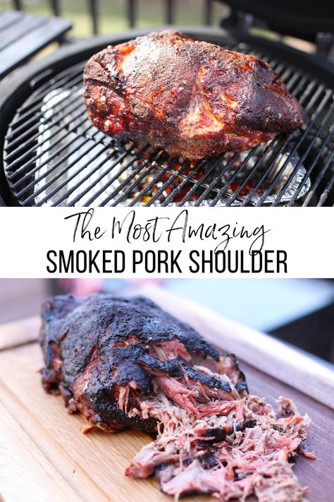 This smoked pork shoulder recipe has been fine-tuned to perfection! The step-by-step pictures help even the novice griller create the most delicious smoked pulled pork you'll ever have. Great recipe for groups of people too! #smokedpork #smokedporkshoulder #smokedpulledpork #smokedporkbutt Meat Injection Recipe, Smoked Pulled Pork Recipe, Pork Picnic, Smoked Pork Shoulder, Thriving Home, Pork Shoulder Recipes, Pulled Pork Recipe, Boneless Pork Shoulder, Smoked Pulled Pork