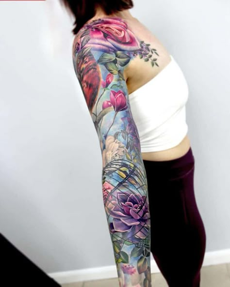 The Ultimate 137+ Best Sleeve Tattoos in 2020 Colorful Sleeve Tattoos, Floral Arm Tattoo, Realistic Flower Tattoo, Colour Tattoos, Adventure Tattoo, Arm Sleeve Tattoos For Women, Arm Tats, Garden Tattoo, Hand Doodles