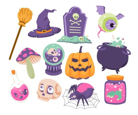 Halloween Objects, Halloween Sketches, Halloween Digital Art, Halloween Doodles, Skull Spider, Halloween Illustrations, Halloween Wallpaper Cute, Halloween Elements, Purple Pumpkin