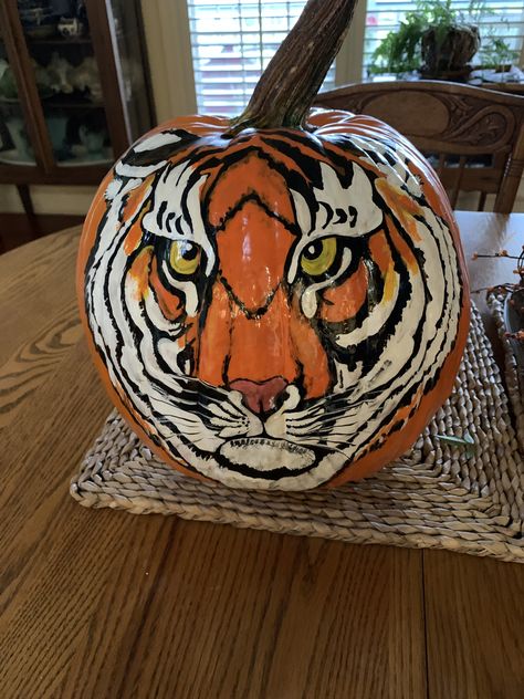 Tiger Pumpkin Painting, Tiger Pumpkin Carving, Tiger Pumpkin, Pumpkin Ideas, Pumpkin Painting, Painted Pumpkins, Bat Signal, Pumpkin Decorating, Holiday Ideas