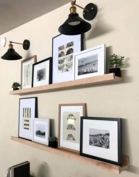 Modern Farmhouse Gallery Wall, Ledge Decor, Farmhouse Gallery Wall, Gallery Shelves, Picture Shelves, Picture Ledge, Wood Photo, Floating Shelf, Shelf Decor