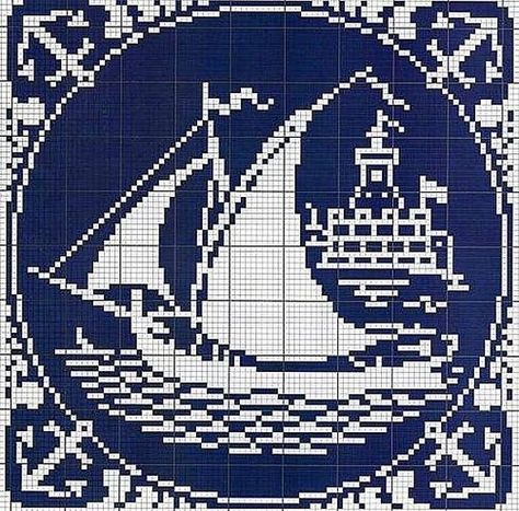 Blue And White Cross Stitch, White Cross Stitch, Cross Stitch Sea, Cross Stitch Love, White Cross, Cross Stitch Patterns Free, Free Cross Stitch, Tapestry Crochet, Crochet Chart