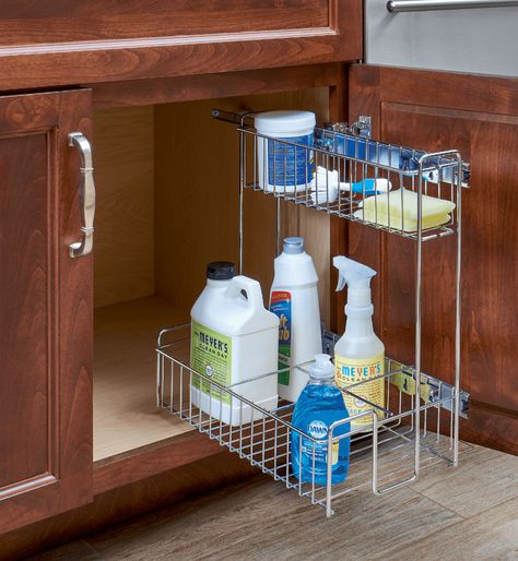 Fun Remodel Storage Options Under Sink Storage Kitchen, Pull Out Organizer, Kitchen Sink Cabinet, Sink Basket, Kitchen Base Cabinets, Kitchen Wall Cabinets, Chrome Kitchen, Rev A Shelf, Kitchen Cabinet Pulls