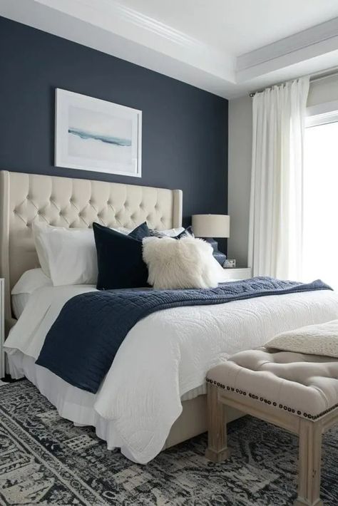 Navy Blue Headboard Bedroom Ideas, Blue Headboard Bedroom Ideas, Blue Headboard Bedroom, Navy Blue Headboard, Headboard Bedroom Ideas, Navy Blue Bedroom Ideas, Navy Blue Bedroom, Beautiful Bed Designs, Headboard Bedroom