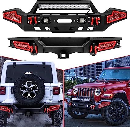 UTVJATV JL Bumpers Front + Rear Combo Fits Jeep Wrangler JL 2018-2023,Plate Steel bumper cover with light & D-Ring &winch plate& 2" Hitch Receiver,Textured Black Jeep Front Bumpers, Off Road Bumpers, Jeep Bumpers, Led Driving Lights, Strip Led, Jeep Jl, Wrangler Rubicon, Wrangler Jl, Led Work Light