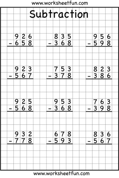 3 Digit Subtraction With Regrouping Worksheets Subtraction With Borrowing, 3 Digit Subtraction, Subtraction With Regrouping Worksheets, Regrouping Subtraction, Subtraction With Regrouping, Math Practice Worksheets, Math Addition Worksheets, Math Subtraction, 3rd Grade Math Worksheets