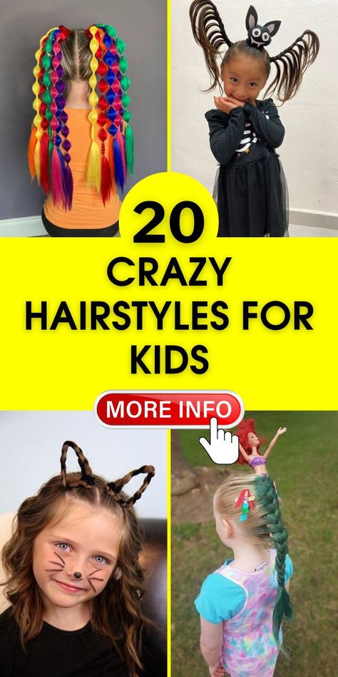 Need inspiration for crazy hairstyles for kids? Check out these easy and funky hairstyles that are perfect for any hair day, especially for hair day at school. Your kids will love these unique buns and twists. Crazy Hairstyles For Kids, Bow Hairstyle Tutorial, Crazy Hair For Kids, Crazy Hair Day Ideas, Crazy Hairstyles, Childrens Hairstyles, Hairstyles 2024, Wacky Hair Days, Going Out Hairstyles