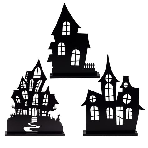 PRICES MAY VARY. SET OF 3: Receive 3 spooky wooden house silhouettes each with a wooden base SIZE: Varies from 12.25 to 14.6 inches tall; MATERIAL: Pine wood; COLOR: All black MULTI-USE: Perfect for a centerpiece, coffee table accent, entryway, party decor and much more EERIE VILLAGE: Create a haunted scene with these crumbling mansions and houses with graveyards, crooked windows, and collapsing fences AuldHome Design Haunted House Silhouette Set, 3 Spooky Houses for Halloween Decor    Elevate y Addams Family House Silhouette, Halloween Scene Ideas, Haunted House Svg Free, Window Silhouette Halloween, Haunted Mansion Silhouette, Halloween Silhouettes Templates, Haunted Halloween Decorations, Haunted House Silhouette, Haunted House Drawing