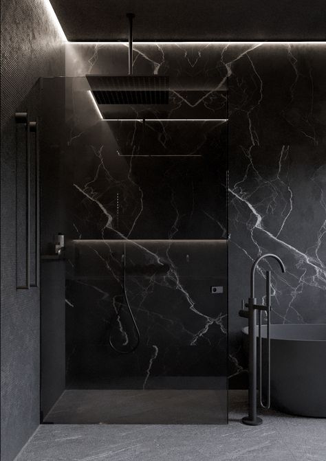 Black Marble Bathroom Decor, Nero Marquina Bathroom, Dark Marble Bathroom, Bathroom Interior Design Luxury Black, All Black Bathroom, Black Marble Bathroom, Bathroom Interior Design Luxury, Modern Black Bathroom, Dark Bathroom Ideas