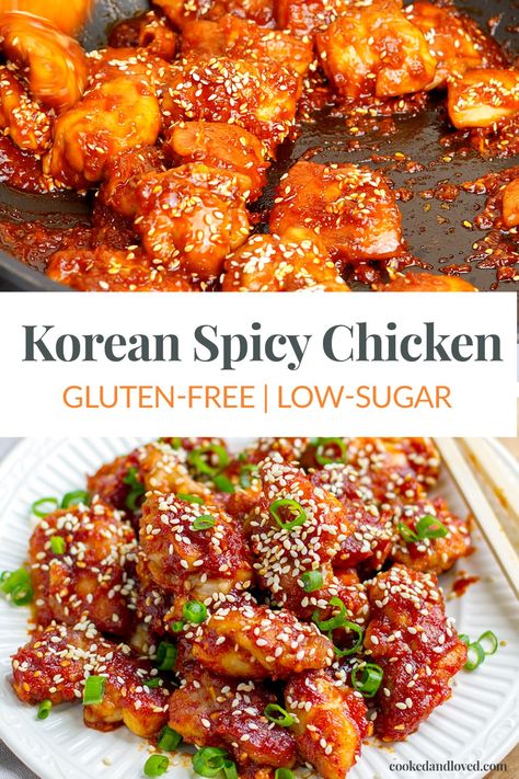 This Korean spicy chicken recipe is incredibly delicious and packed with flavour. Tender, juicy chicken pieces are pan-fried and coated in a mouthwatering spicy, sweet, and savoury Korean sauce. This recipe is inspired by the popular KFC (Korean fried chicken) and is a healthier version, gluten-free and paleo-friendly. Korean Chicken Bites, Paleo Asian Recipes, Healthy Asian Chicken Recipes, Korean Spicy Chicken, Korean Sauce, Chicken Recipe Healthy, Healthy Fried Chicken, Gluten Free Chicken Recipes, Healthy Asian Recipes