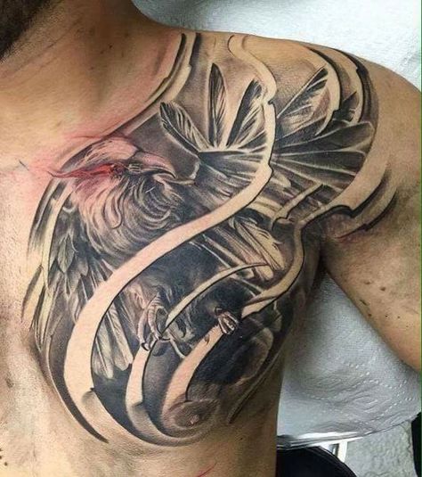 Phoenix Chest Tattoo Men, Men Chest Tattoo Ideas, Best Chest Tattoos For Men, Tattoo Chest And Shoulder, Chest Tattoo Fonts, Men Chest Tattoo, Chest Tattoo Wings, Chest Tattoo Quotes, Best Chest Tattoos