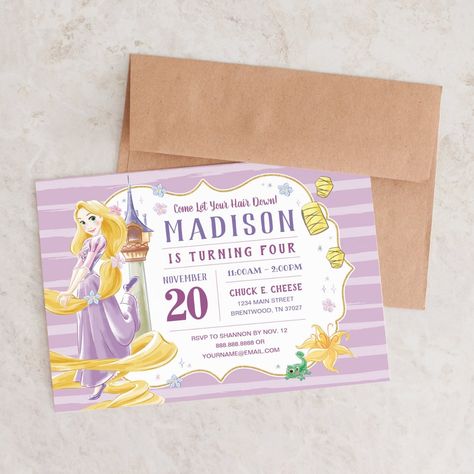 Princess Rapunzel | Watercolor Birthday Invitation Rapunzel Watercolor, Invitation Disney, Mermaid Kids, Princess Birthday Invitations, Princess Invitations, Disney Princess Birthday, Mermaid Birthday Invitations, Birthday Party Theme Decorations, Princess Rapunzel