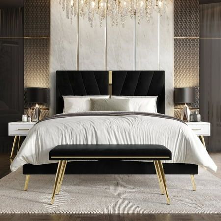 Elevate your bedroom with our luxurious 4-piece set, featuring a bed, two nightstands, and a matching bench. With a modern gold acrylic strip on the headboard and sturdy metal gold legs, it exudes elegance and stability. Upholstered in 100% polyester velvet fabric, it offers a sumptuous feel. Crafted from solid rubberwood, MDF, and LVL, this set ensures durability. Two modern 1-drawer white nightstands provide convenient bedside storage. Assembly is easy with clear instructions included. Enhance Neutral Color Master Bed, Bed Rooms Ideas Black, Black Bed With White Furniture, Black Velvet Headboard Bedroom Ideas, Bedroom Decor Black And Gold, Walmart Bedroom Ideas, Black White And Gold Home Decor, White Black And Gold Bedroom, Black Gold White Bedroom