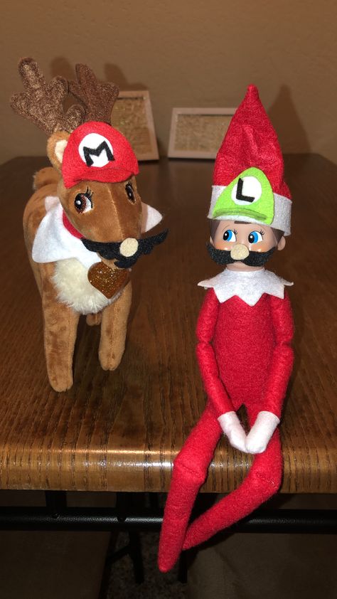 Mario & Luigi!!! Elf on the Shelf & his Reindeer pet! Elf On The Shelf Mario Ideas, Elf On Shelf With Pet Ideas, Elf On The Shelf Friends, Elf With Pet Ideas, Elf Pets Reindeer Ideas, Elf And Reindeer Ideas, Elf On Shelf Reindeer Ideas, Elf And Elf Pet Ideas, Elf With Reindeer Pet Ideas