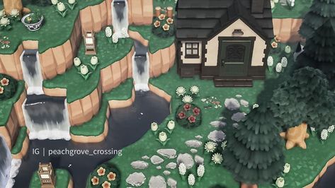 🌿🕊 Momo 🕊🌿 on Instagram: “Raymond’s home, nestled deep in the forest near the sunken waterfalls. 🕊🌿 - You won’t believe how long it took me to get this darn cat to…” Animal Crossing Mountain Design, Acnh Sunken House, Animal Crossing Lookout, Acnh Nooks Cranny Design Ideas Forest, Animal Crossing Mountain, Animal Crossing Sunken Waterfall, Raymond House Acnh, Sunken House, Mountain Island