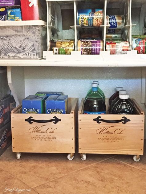 Put wooden boxes on casters to roll out things stored on the bottom and keep them from sitting directly on the floor Wine Crate Storage, Desain Pantry Dapur, Pantry Organization Hacks, Crate Crafts, Pantry Organization Ideas, Desain Pantry, Pantry Organizers, Crate Shelves, Small Pantry