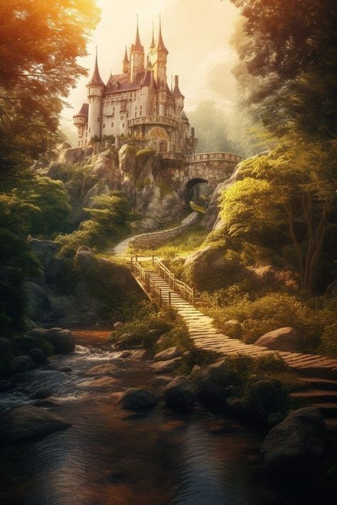 Forest Castle Fantasy Art, Paintings Of Castles, Castle In Forest, Castle On Hill, Fantasy Castle Art, Castle On A Hill, Forest Castle, Mansion Art, Castle Painting