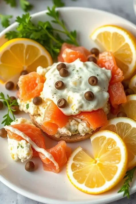 Smoked salmon with creamy topping on bread, garnished with lemon slices and herbs. 250 Calorie Breakfast, Cottage Cheese Egg Salad, Egg Salads, Food With A Twist, Cottage Cheese Eggs, Classic Egg Salad, Low Calorie Breakfast, Egg Salad, Salad Ingredients