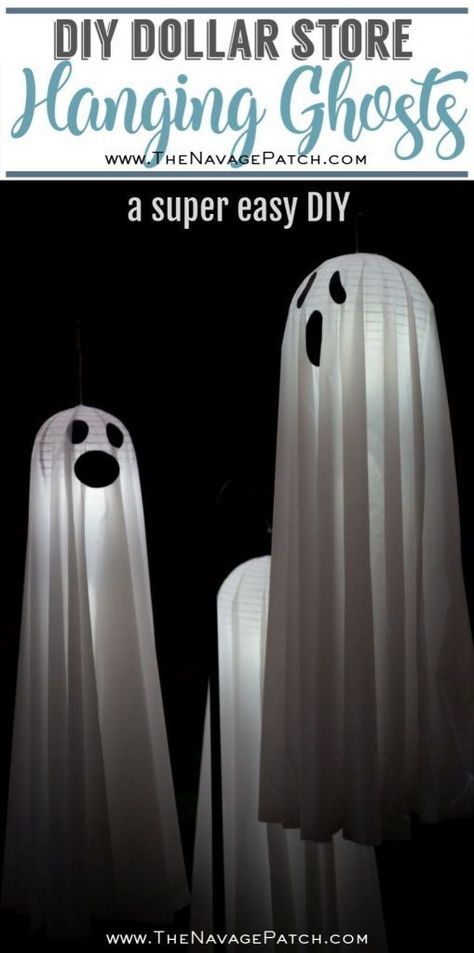 Dollar Store Halloween Diy, Yard Ghosts, How To Make Ghosts, Outdoor Ghosts, Lights Diy, Ghost Diy, Hanging Ghosts, Dollar Store Halloween, Ghost Lights