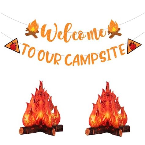 Camping Birthday Party Decorations Diy, Camping Party Ideas For Adults, Camping Themed Party Decorations, Camping Birthday Party Decorations, Summer Camp Party, Camp Bride, Campfire Birthday Party, Camping Banner, Camp Banner