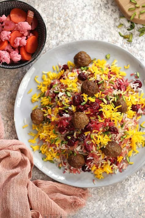 Albaloo Polo, Cherry Rice, Persian Food Iranian Cuisine, Meatballs Chicken, Iranian Cuisine, Sour Cherries, Saffron Rice, Persian Cuisine, Lamb Meatballs