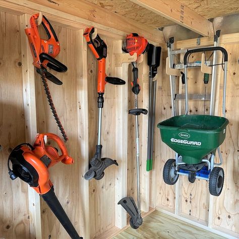 Shed Organizer, Yard Tool Storage, Yard Tool Rack, Tool Shed Organizing, Shed Shelving, Yard Sheds, Storage Shed Organization, Shed Organization, Yard Tools