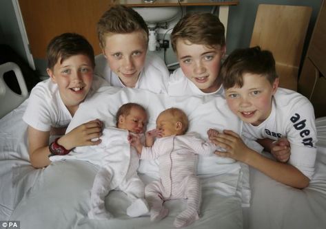 Twins together: Isla Rodger (left) and Rowan Rodger (right) with their brothers left to right Finn, Kyle, Lewis and Jude Multiple Births, Twin Photography, Cute Twins, Identical Twins, Twin Boys, How To Have Twins, Cute Family, Healthy Pregnancy, Baby Fever